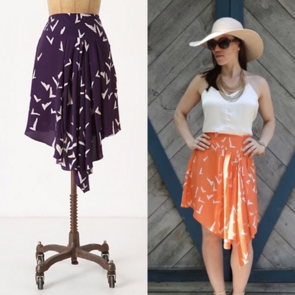 Anthro Leifsdottir Asymmetrical Scattered Skirt Midi Tiered Bird Crane Swallow
